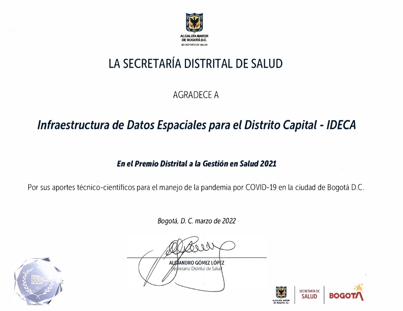 Agradecimiento SDS a IDECA